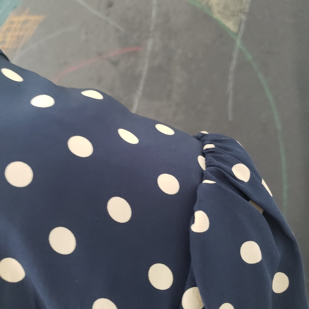 Albert Nipon | Silk Polka Dot Dress with Tie and Pleated Detail - Picture 8 of 16
